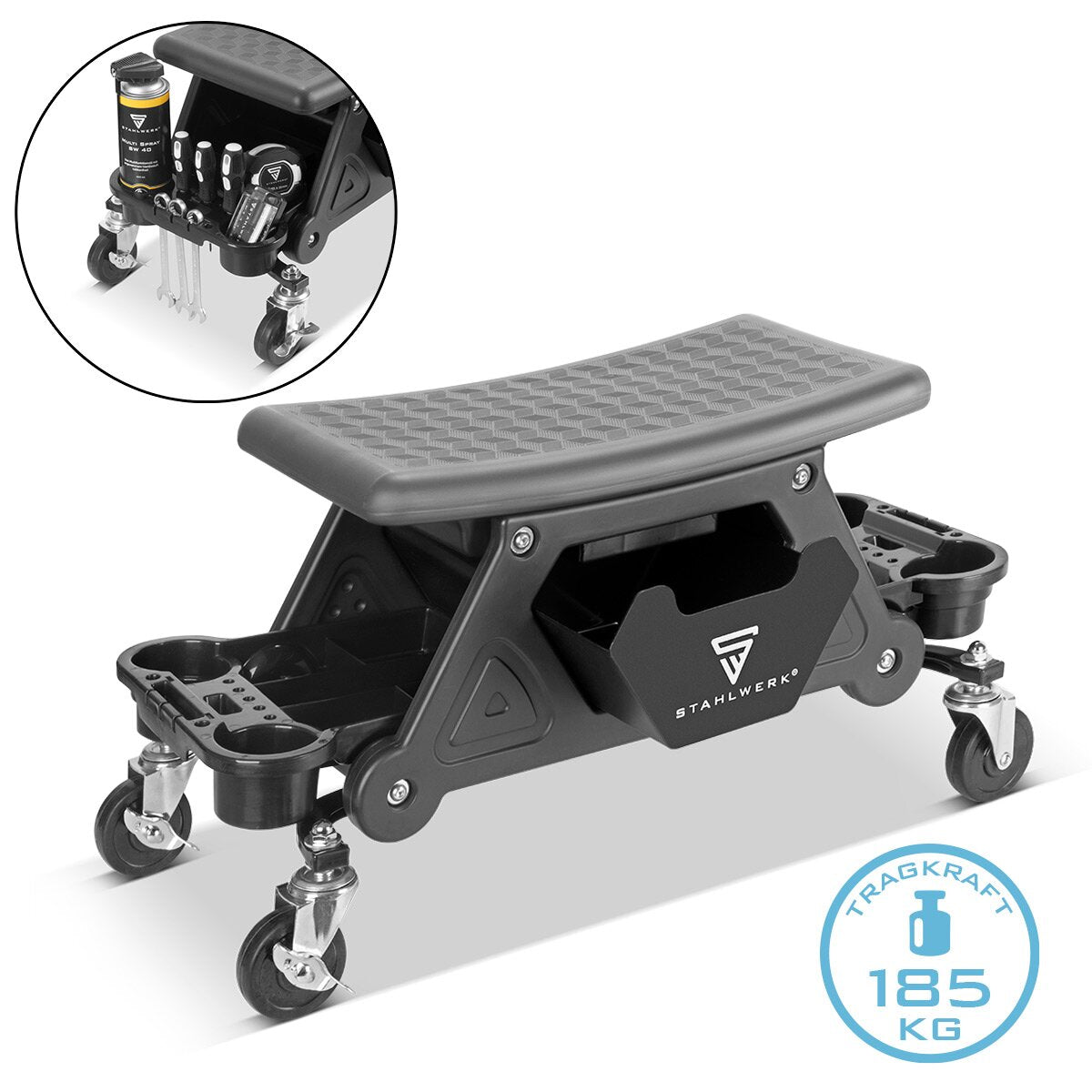 Stahlwerk workshop stool WRS-185 with 185 kg load capacity workshop Workshop chair | Roll stool | Workshop trolling seat with drawer, storage compartments, easy-running steering rollers and can holders