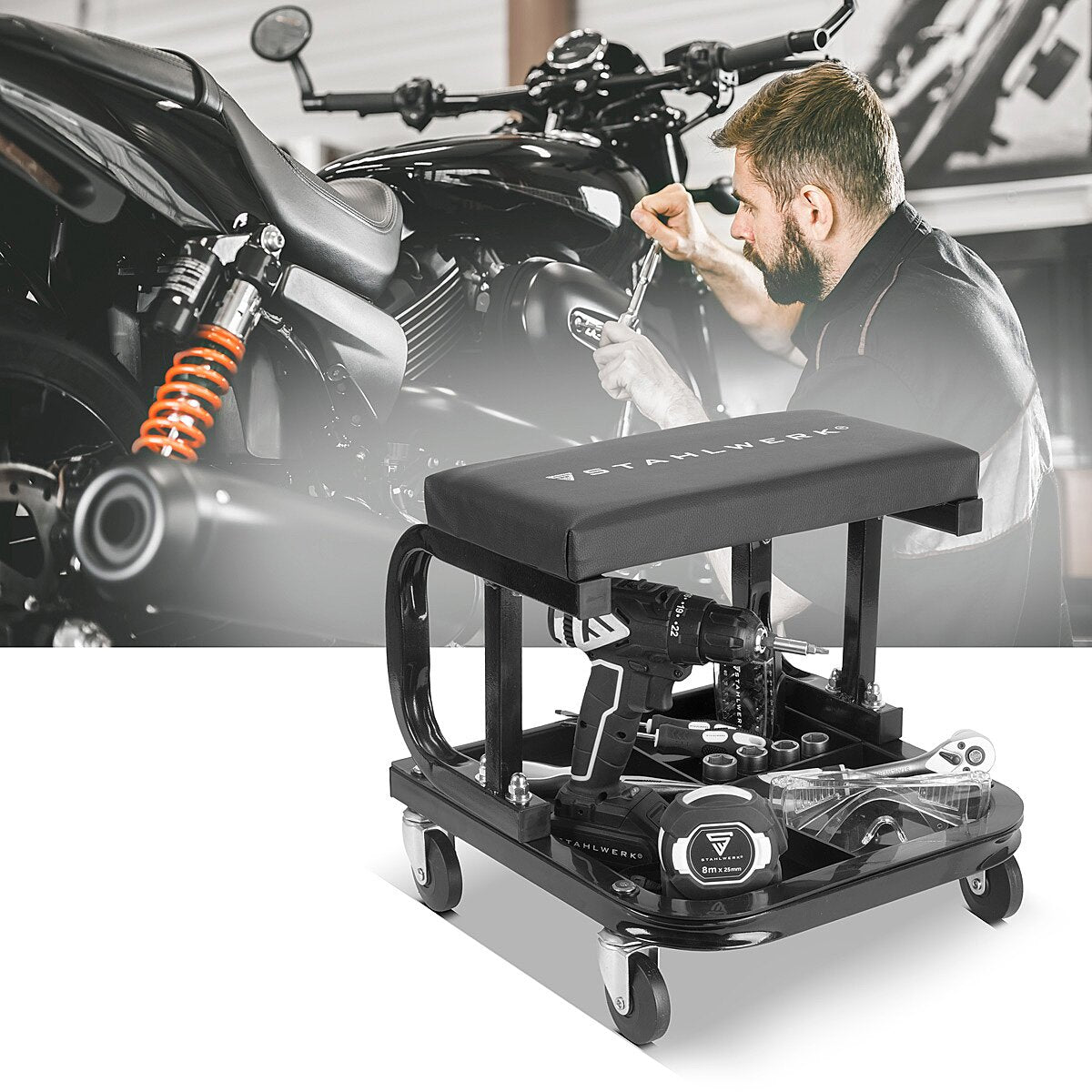 Taller de Steelworks Taller WRS-35 St con 136 kg Capacidad de carga Taller Taller Silla | Taburete de rollo | Heces de trabajo | Asiento de troll de taller con rodillos de dirección descuidados y comederos de almacenamiento prácticos