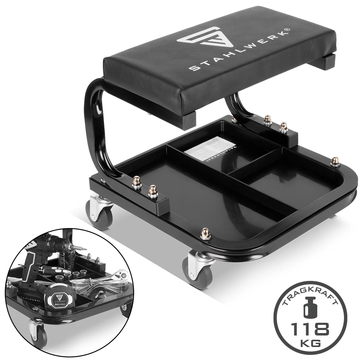 STAHLWERK workshop stool MWH-118 ST | 118 kg load capacity | Rollable workshop seat | Workshop chair | Rolling stool | Work stool | Workshop rolling seat with smooth-running swivel castors and storage recesses