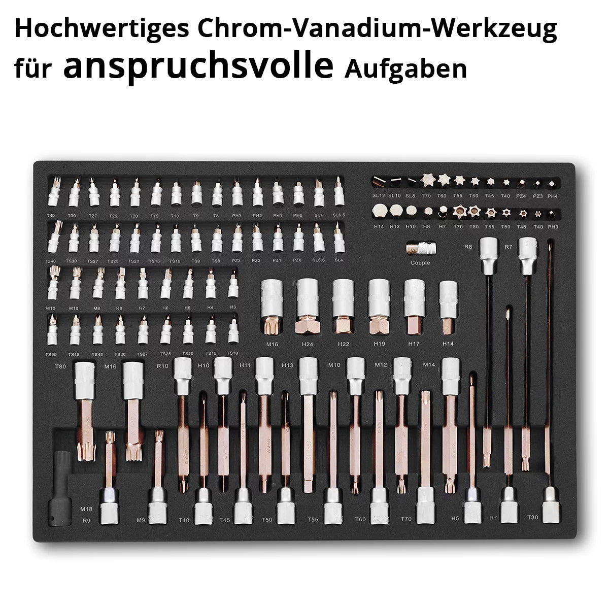 STAHLWERK 102-teiliger Profi-Steckschlüsselsatz in Werkstattwageneinlage | Hochwertiges CrV-Werkzeug | Werkzeugwageneinlage | Perfekte Ordnung | Bit- und Steckschlüssel-Set für Umschaltknarren