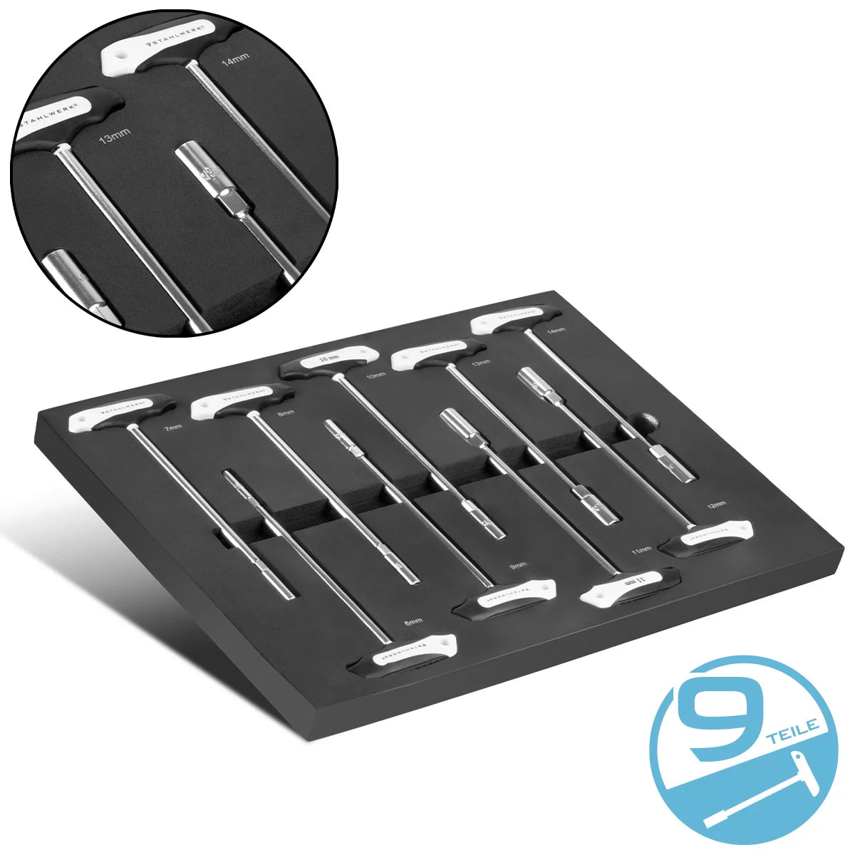 Steelworks 9-part T-handle socket key set with foam insert for workshop car | High -quality tool in tool car inlay | High torsional pollution | All common sizes