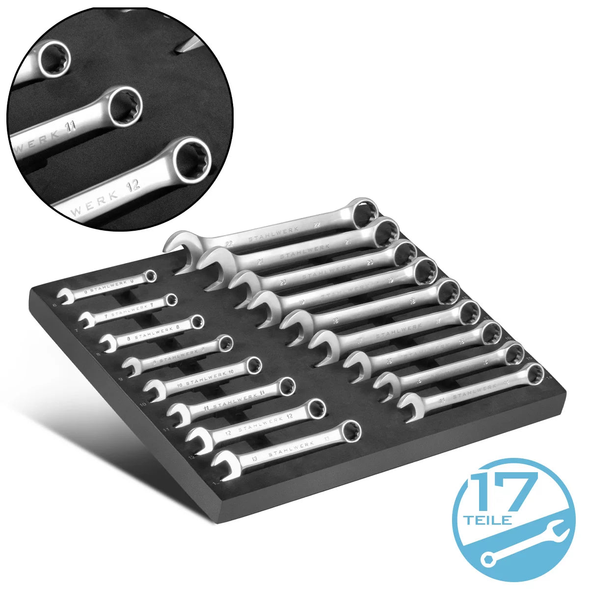 Steelworks 17-part wrench set with foam insert | For workshop car | Ring and fork key set | All common sizes | Practical tool car inlay