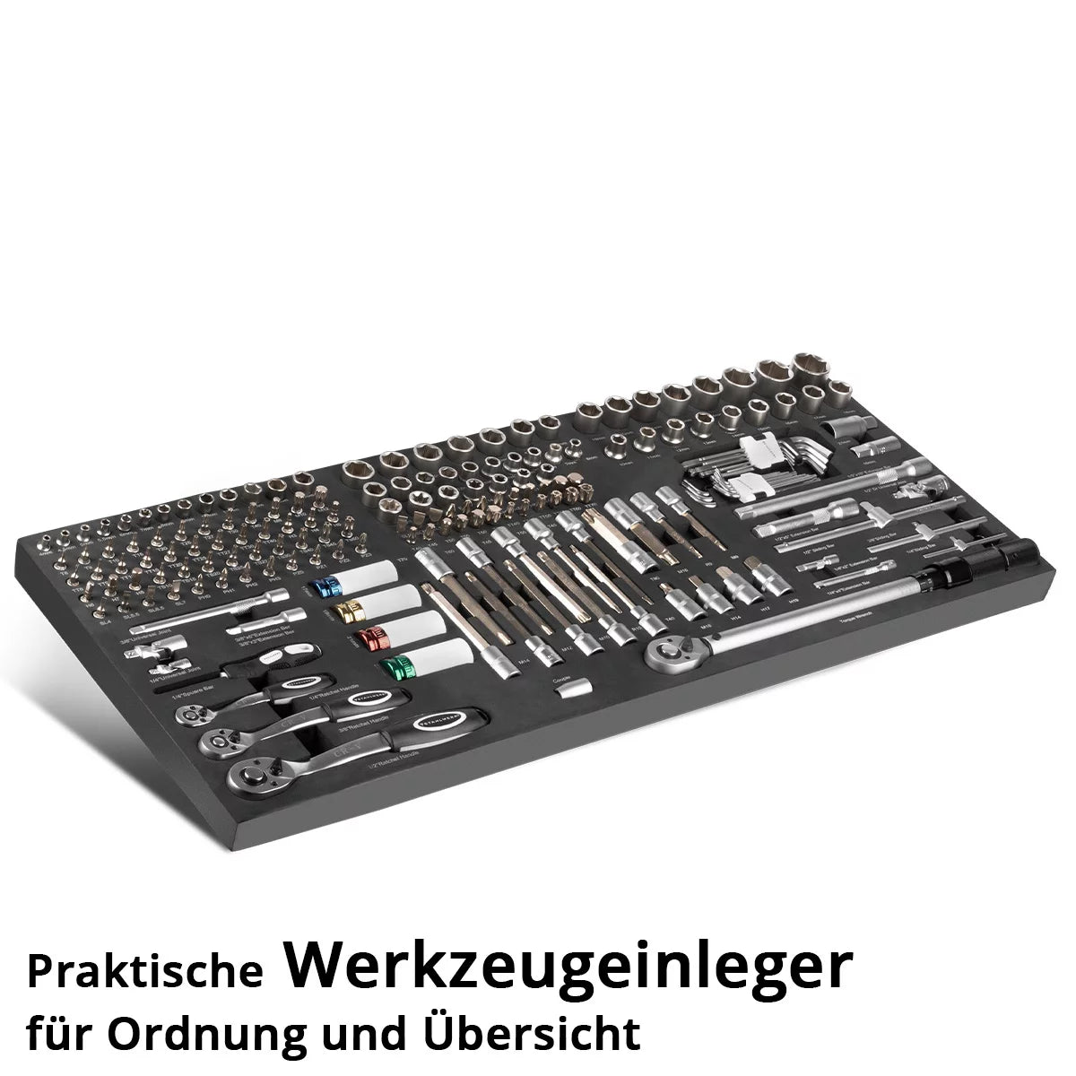 Steelworks 186-part bit and socket key set in a workshop car insert | High quality CRV tool | 3/8 ", 1/2" and 1/4 "Ratchet, bit and socket key set | with torque wrench 20-210 Nm