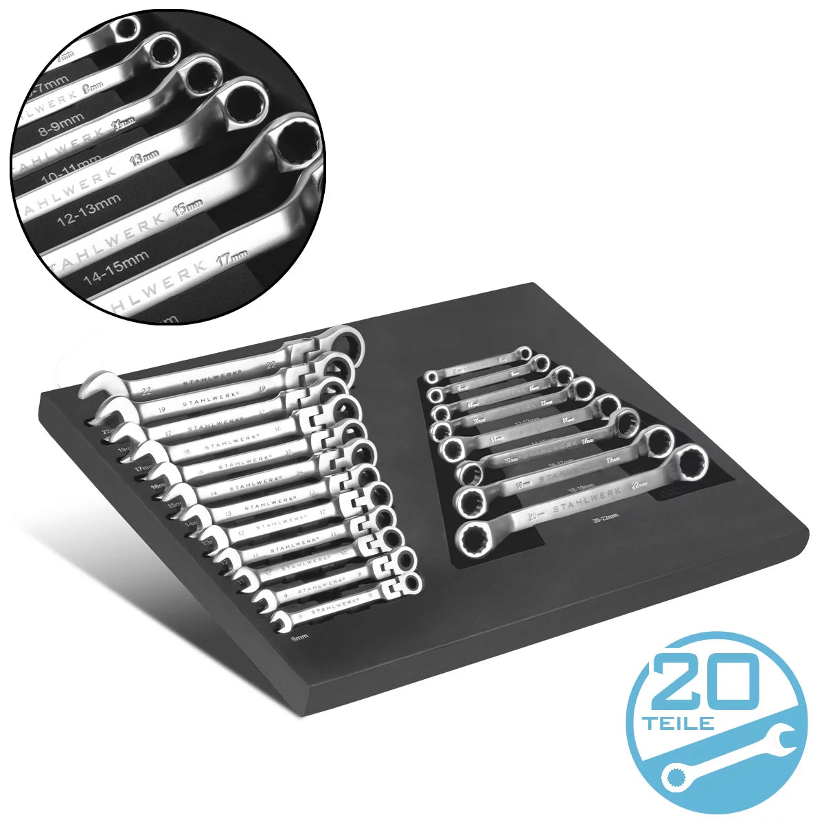 Steelworks 20-part wrench set with foam insert | For workshop car | Torque wrench and ring key set | Including tiltable mouth key | Soft foam insert