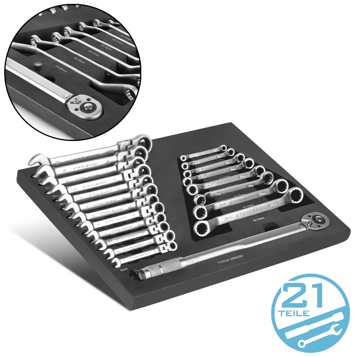 Steelwork 21-piece wrench set with foam insert | For workshop trolley | torque wrench and ring key set | Including tiltable mouth key | Tool car insert