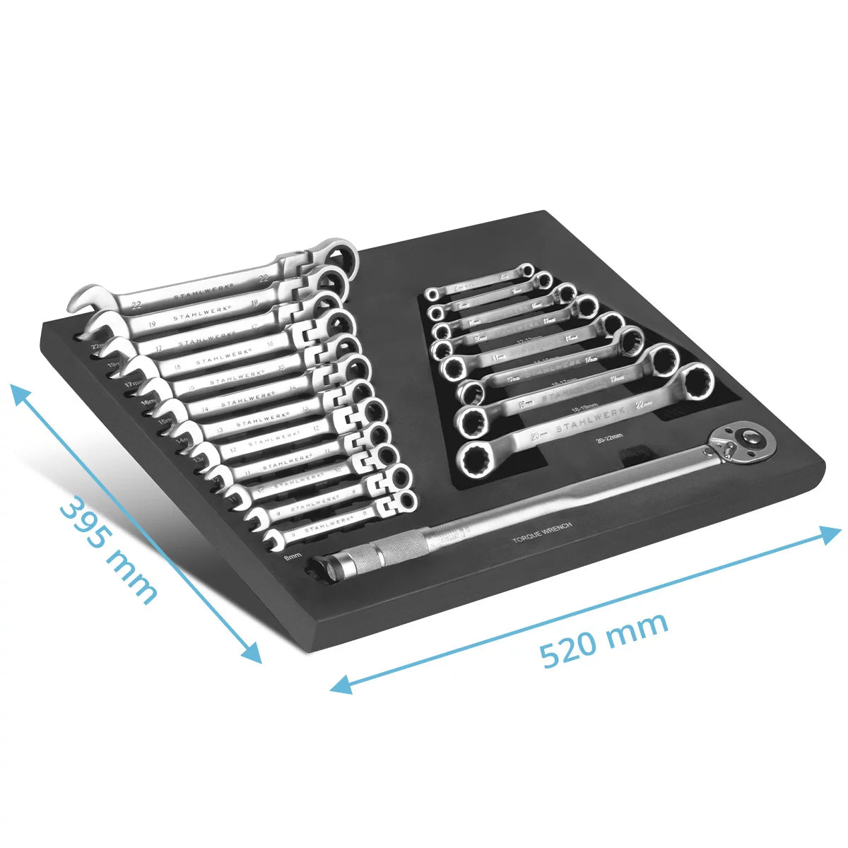 Steelwork Lluvia de 21 piezas Conjunto de llave con inserto de espuma | Para el carro de taller | Conjunto de llave de llave de par y anillo | Incluyendo la llave de boca inclinable | Inserto de coche de herramientas