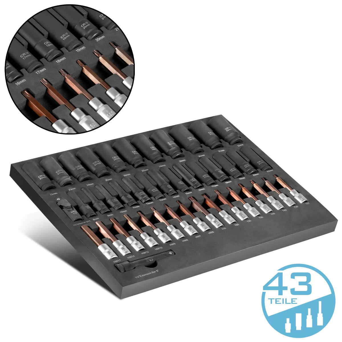 Steelworks 43-part socket key set in foam insert for workshop car | High -quality hexagon keys inside and outside with 1/2 "recording | High torsional pollution | All common sizes