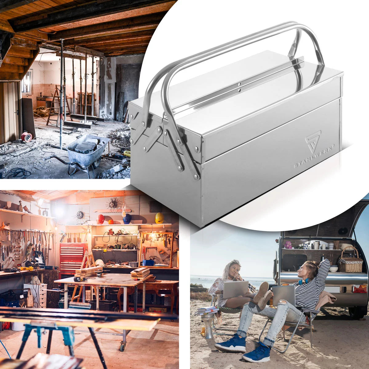 Stahlwerk toolbox made of stainless steel | Metal tool box, extendable on the side | High quality toolbox empty with 5 compartments | Space-saving tool organizer without tools