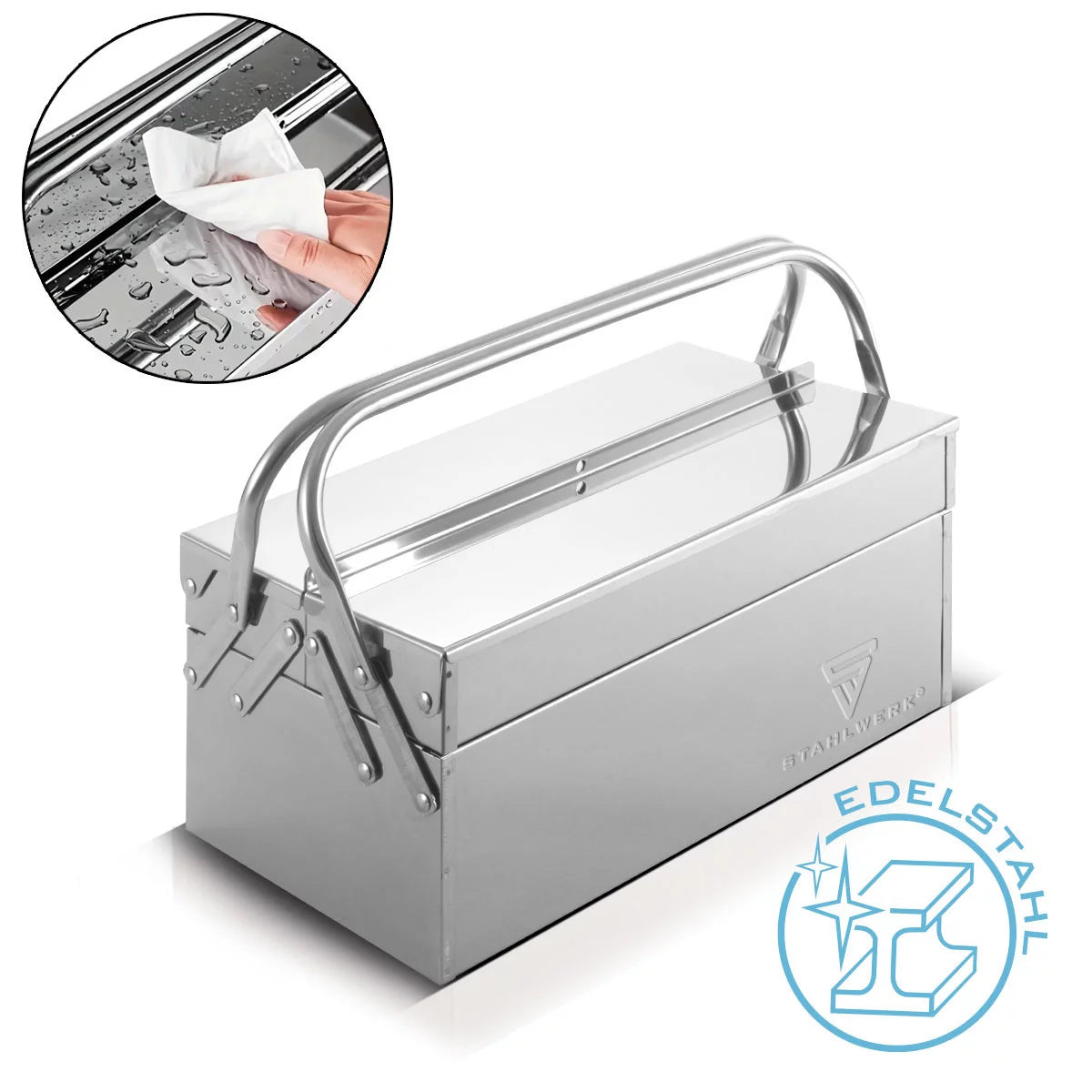 Toolbox Stahlwerk realizzato in acciaio inossidabile | Cassetta degli attrezzi in metallo, estendibile sul lato | Cassetta degli attrezzi di alta qualità vuota con 5 compartimenti | Organizzatore di strumenti per risparmio spaziale senza strumenti