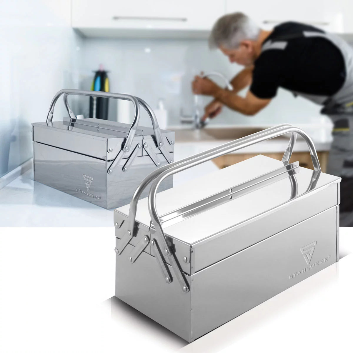 Stahlwerk toolbox made of stainless steel | Metal tool box, extendable on the side | High quality toolbox empty with 5 compartments | Space-saving tool organizer without tools