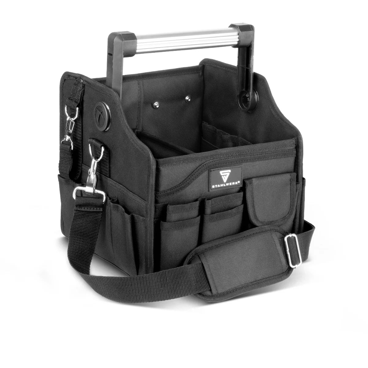 Borsa porta attrezzi STAHLWERK con 14 tasche esterne | 2 scomparti interni | Borsa per elettricisti resistente | Borsa di montaggio portatile con telaio rinforzato | Maniglia e tracolla in alluminio | Poliestere resistente