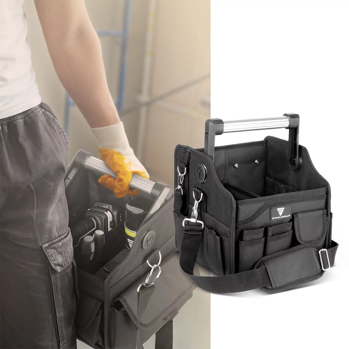 STAHLWERK tool bag with 14 outside pockets | 2 inner compartments | Heavy Duty Electrician Bag | Portable mounting bag with reinforced frame | Aluminum carrying handle and strap | Durable polyester