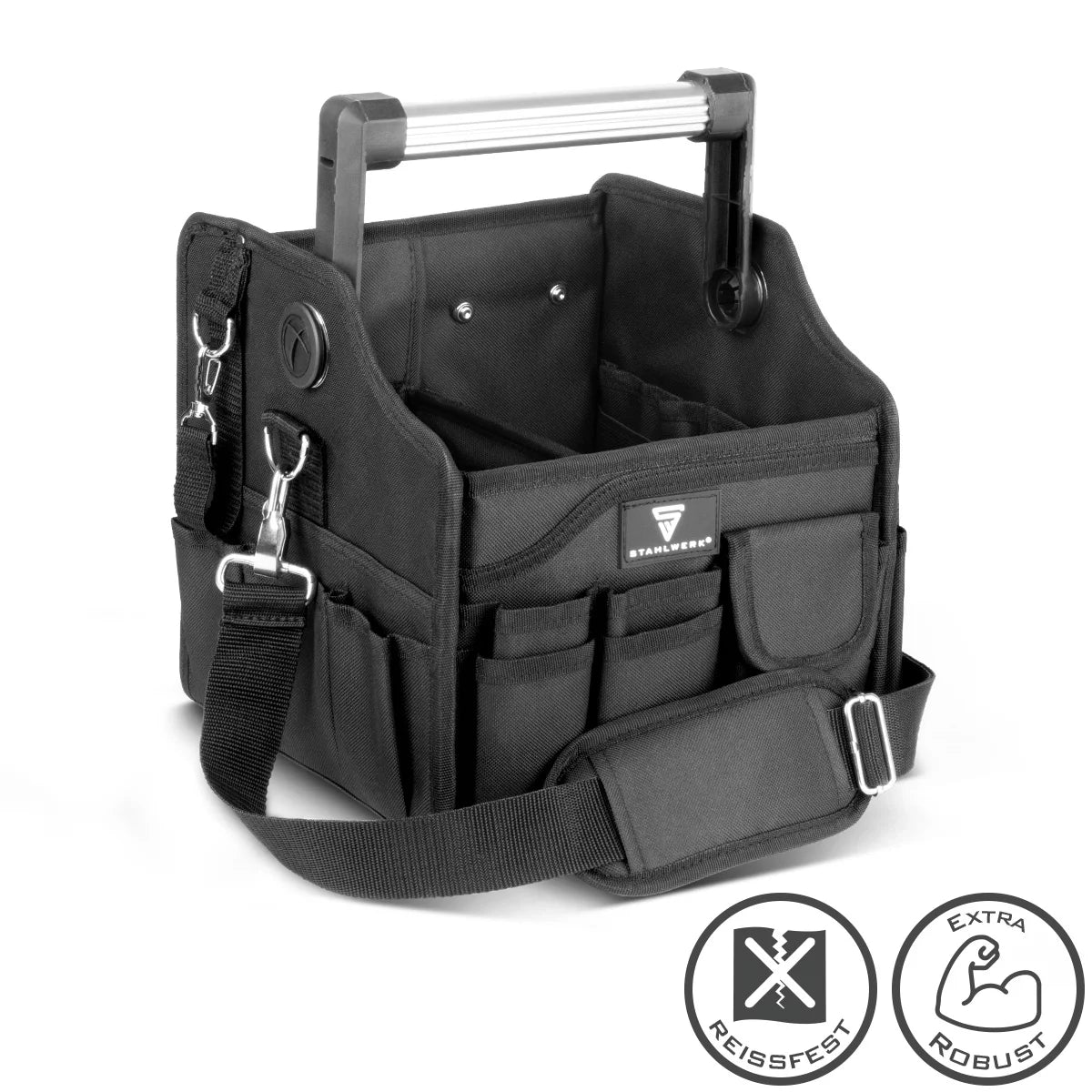 Borsa porta attrezzi STAHLWERK con 14 tasche esterne | 2 scomparti interni | Borsa per elettricisti resistente | Borsa di montaggio portatile con telaio rinforzato | Maniglia e tracolla in alluminio | Poliestere resistente