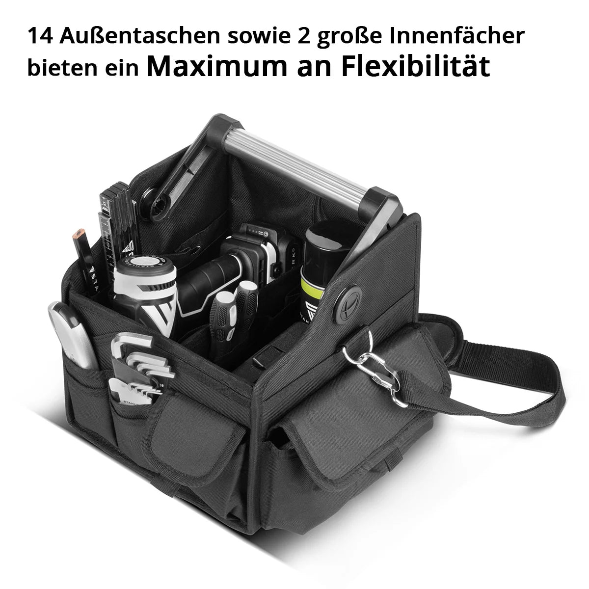 STAHLWERK tool bag with 14 outside pockets | 2 inner compartments | Heavy Duty Electrician Bag | Portable mounting bag with reinforced frame | Aluminum carrying handle and strap | Durable polyester