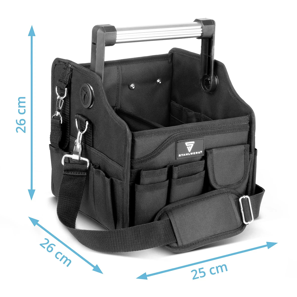 STAHLWERK tool bag with 14 outside pockets | 2 inner compartments | Heavy Duty Electrician Bag | Portable mounting bag with reinforced frame | Aluminum carrying handle and strap | Durable polyester