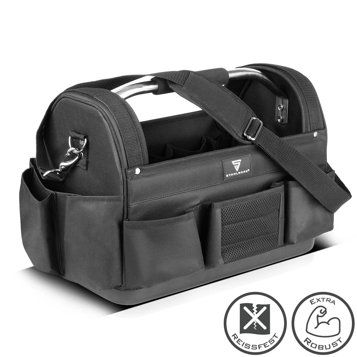 Borsa per attrezzi STAHLWERK | 11 tasche esterne e 10 interne | Robusta borsa per installatore | Cassetta degli attrezzi portatile | Borsa di montaggio con maniglia per il trasporto e tracolla | Tessuto in poliestere resistente