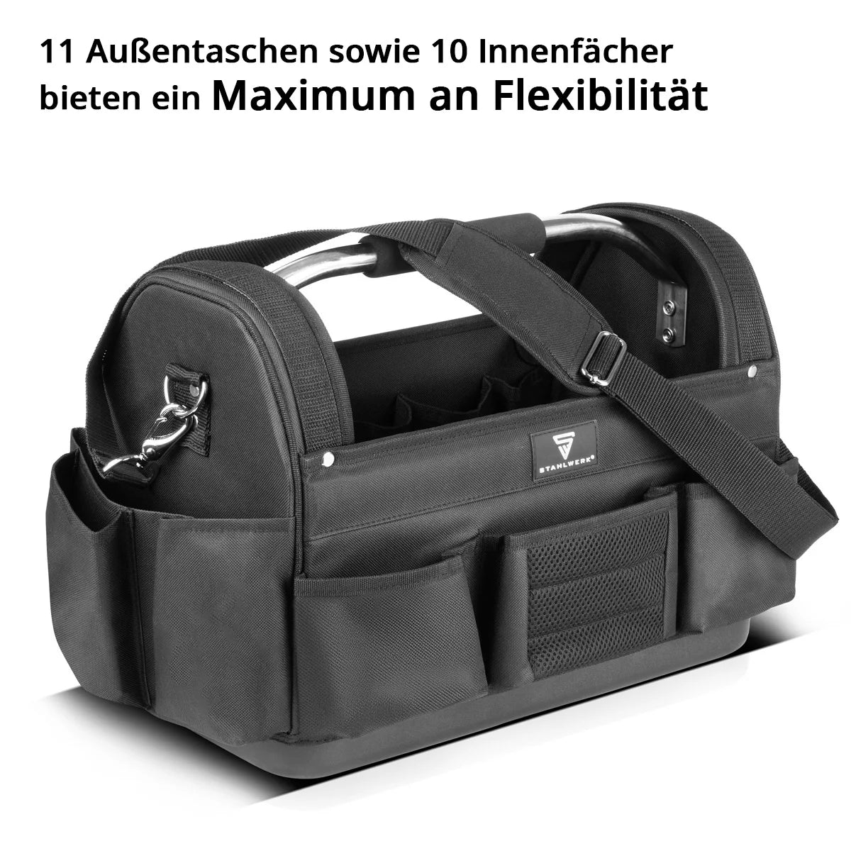 STAHLWERK tool bag | 11 outside and 10 inside pockets | Robust installer bag | Portable tool box | Assembly bag with carrying handle and shoulder strap | Durable polyester fabric