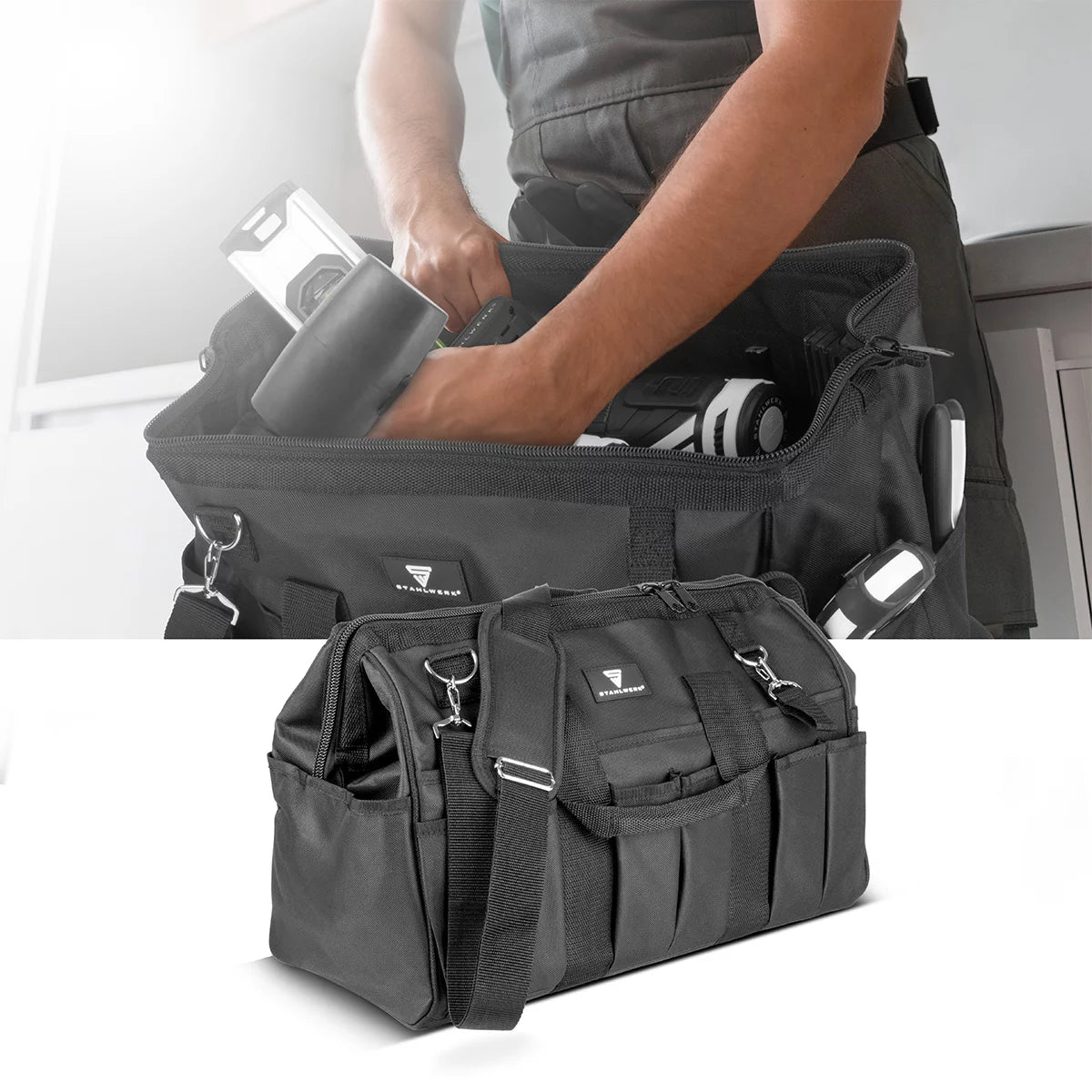 STAHLWERK tool bag | 15 external and 6 internal compartments | Wide-opening plumber bag | Portable tool box | Mounting bag with double handle and strap | Durable polyester fabric