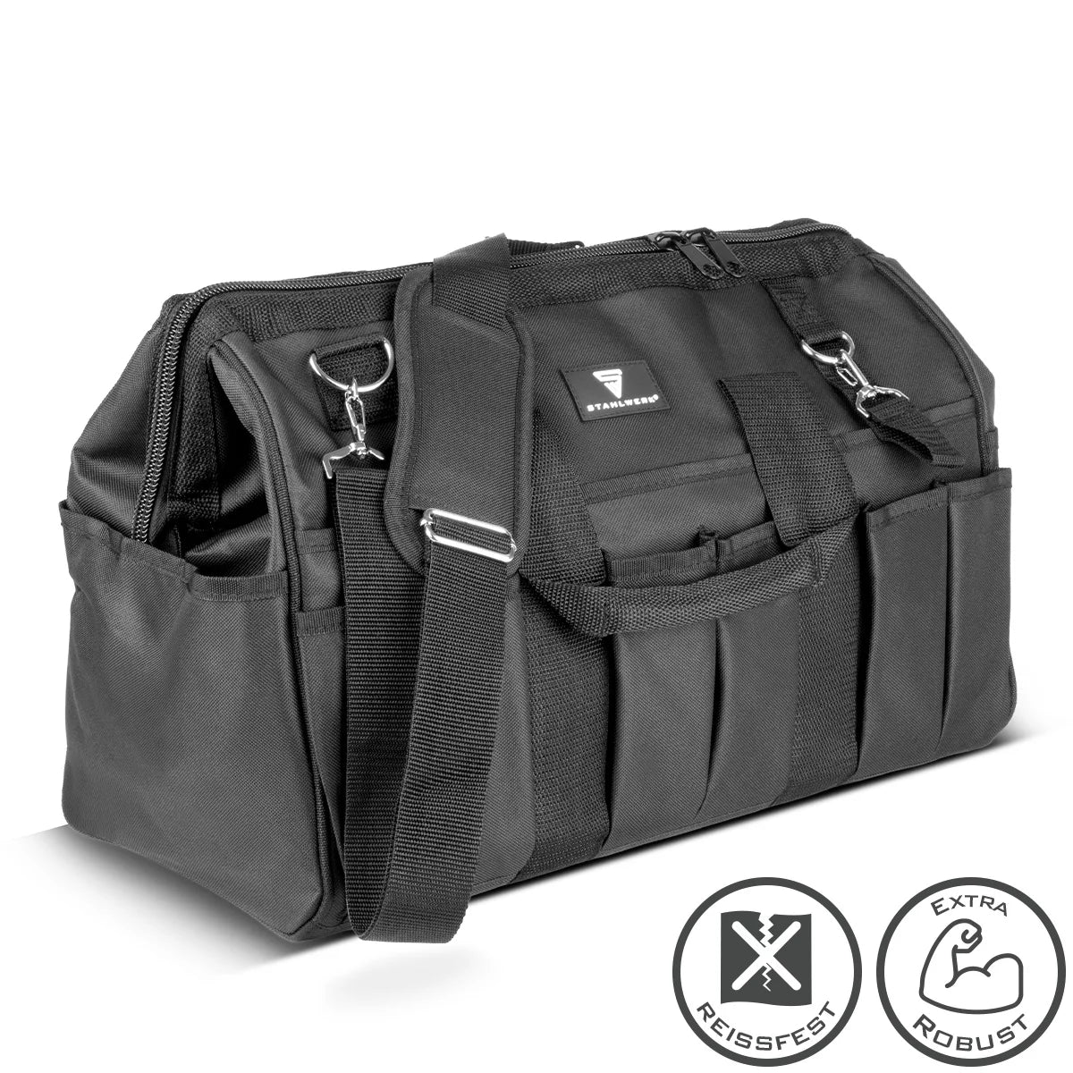 Borsa per attrezzi STAHLWERK | 15 scomparti esterni e 6 interni | Borsa idraulica ad ampia apertura | Cassetta degli attrezzi portatile | Borsa di montaggio con doppia maniglia e tracolla | Tessuto in poliestere resistente