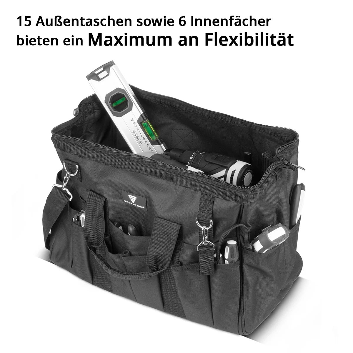 STAHLWERK tool bag | 15 external and 6 internal compartments | Wide-opening plumber bag | Portable tool box | Mounting bag with double handle and strap | Durable polyester fabric