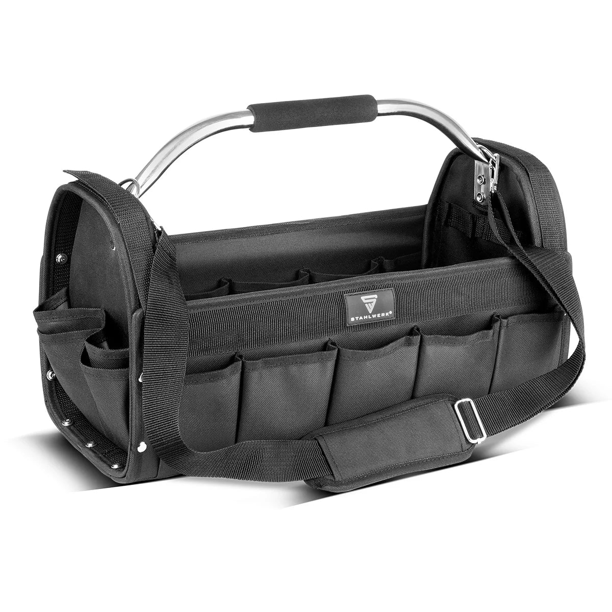 STAHLWERK tool bag | 18 outside and 10 inside pockets | Robust installer bag | Portable tool box | Assembly bag with carrying handle and shoulder strap | Durable polyester fabric