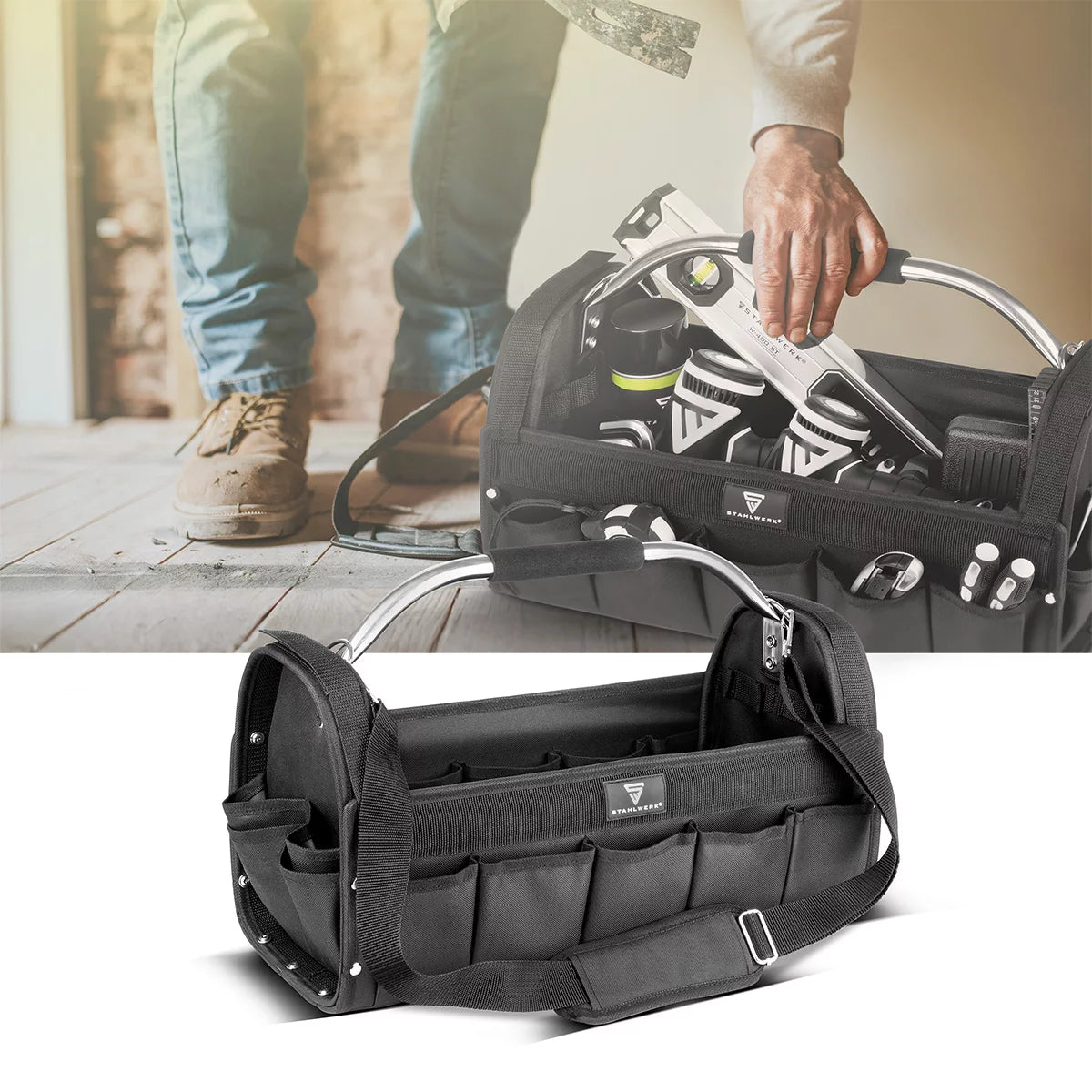 STAHLWERK tool bag | 18 outside and 10 inside pockets | Robust installer bag | Portable tool box | Assembly bag with carrying handle and shoulder strap | Durable polyester fabric