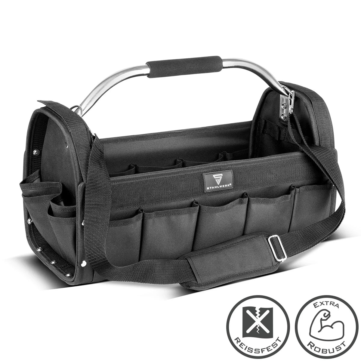 Borsa per attrezzi STAHLWERK | 18 tasche esterne e 10 interne | Robusta borsa per installatore | Cassetta degli attrezzi portatile | Borsa di montaggio con maniglia per il trasporto e tracolla | Tessuto in poliestere resistente
