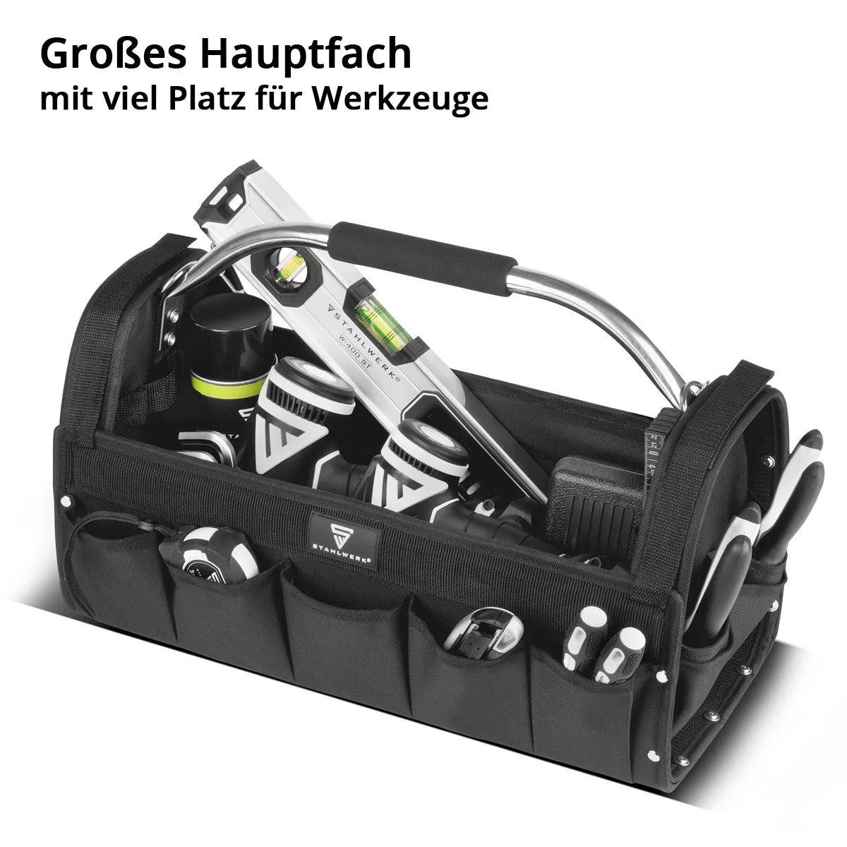 STAHLWERK tool bag | 18 outside and 10 inside pockets | Robust installer bag | Portable tool box | Assembly bag with carrying handle and shoulder strap | Durable polyester fabric