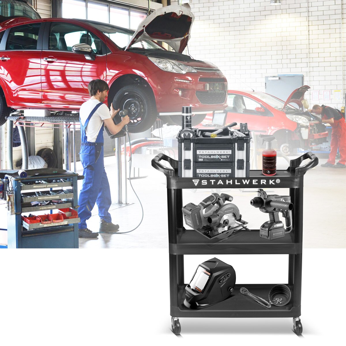 Stahlwerk Tool Car TC-92 ST con 100 kg de taller de capacidad de carga | Trot | Coche de transporte | Conductos de Monta | COCHE DE PLATAFORMA | Bowling Car con 3 áreas de carga y 2 manillar