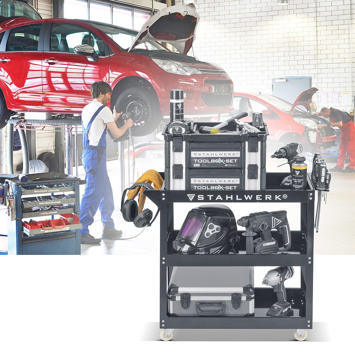 عربة أدوات STAHLWERK بسعة تحميل 200 كجم، عربة / عربة ورشة عمل قوية / عربة نقل / عربة تجميع مع 3 مناطق تحميل