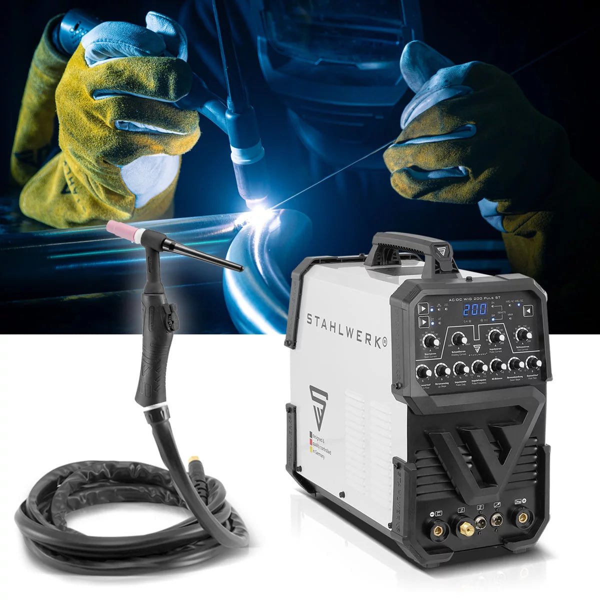 STAHLWERK AC/DC WIG 200 Puls ST | WIG-Schweißgerät mit 200 Ampere | AC/DC WIG und MMA/E-Hand Kombi-Inverter | 2T / 4T-Modus | Dünnblech geeignet | AC-Modus für Aluminium | Hotstart und Anti-Stick