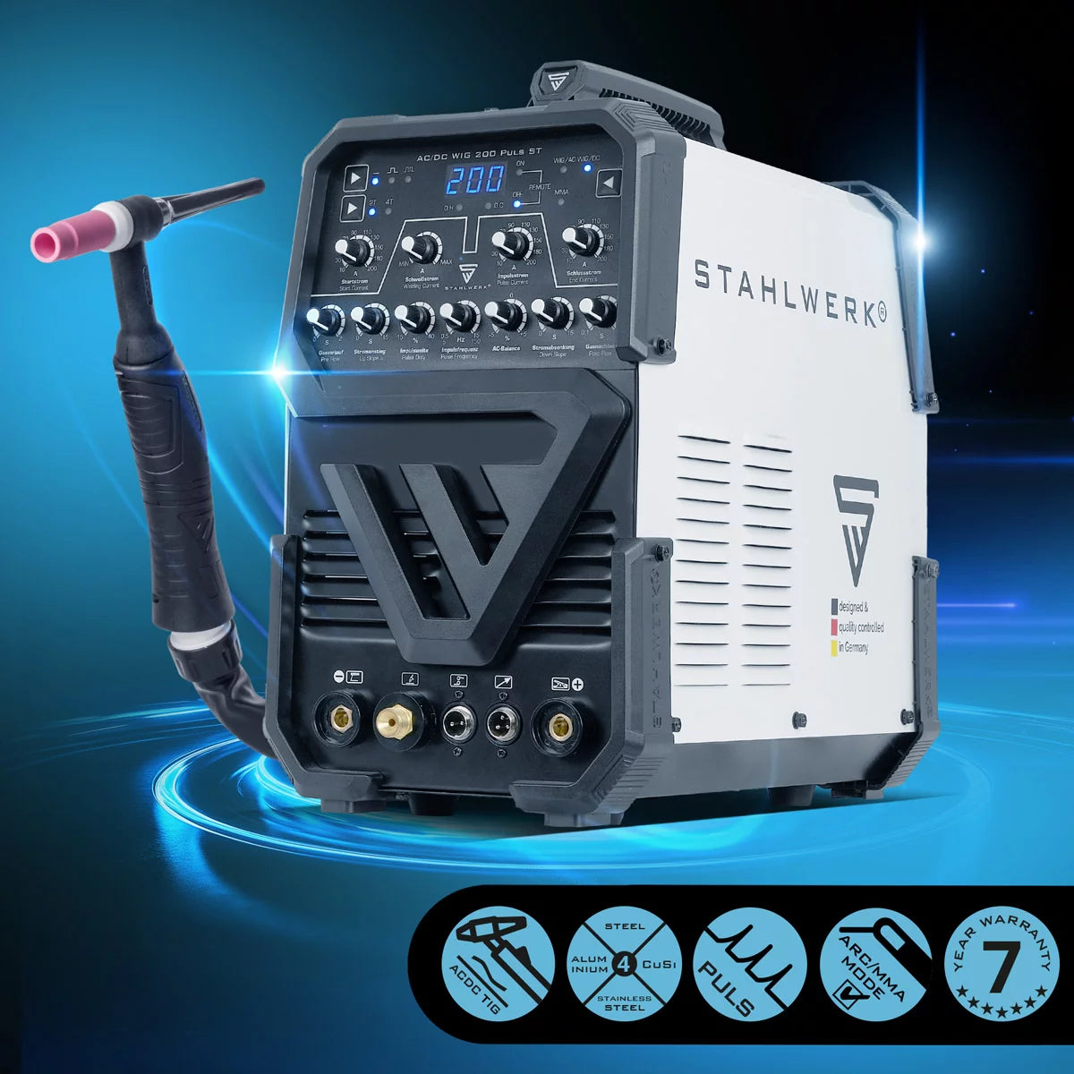 STAHLWERK AC/DC WIG 200 Puls ST Vollausstattung | WIG-Schweißgerät mit 200 Ampere | AC/DC WIG und MMA/E-Hand Kombi-Inverter | 2T / 4T-Modus | Dünnblech geeignet | AC-Modus für Aluminium