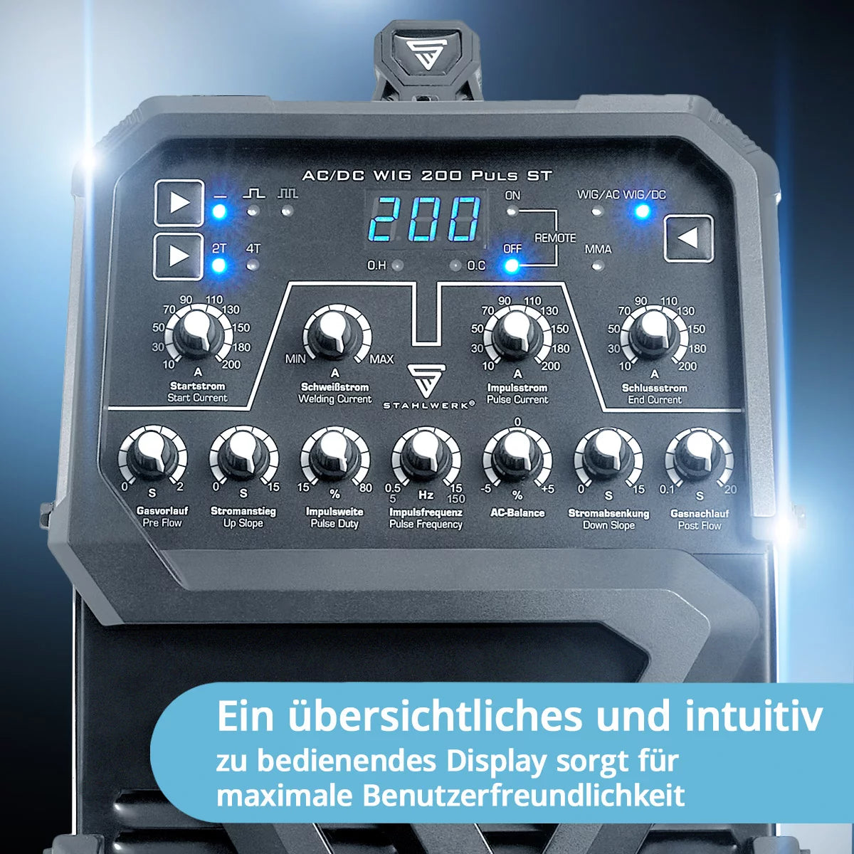 STAHLWERK AC/DC WIG 200 Puls ST | WIG-Schweißgerät mit 200 Ampere | AC/DC WIG und MMA/E-Hand Kombi-Inverter | 2T / 4T-Modus | Dünnblech geeignet | AC-Modus für Aluminium | Hotstart und Anti-Stick