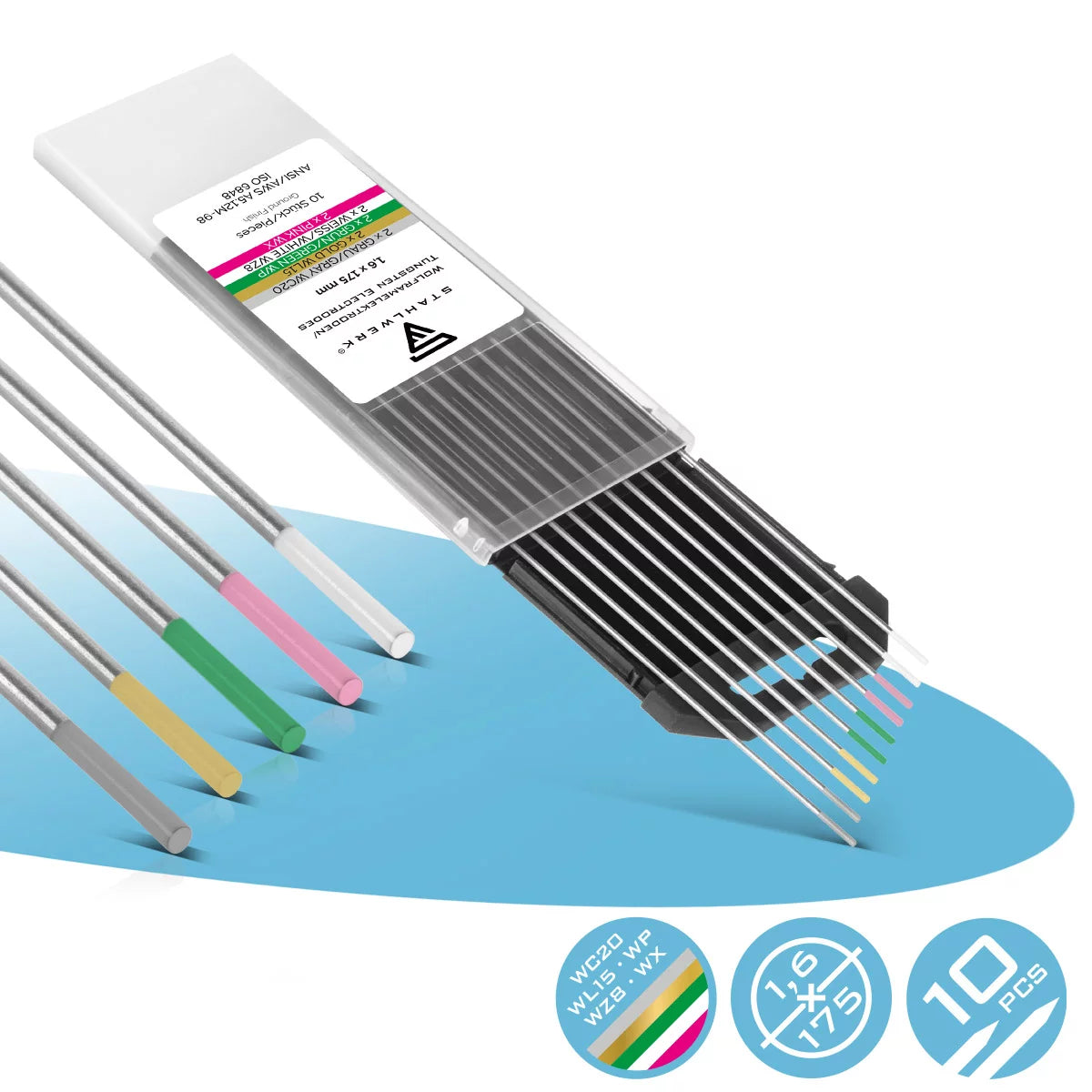 STAHLWERK Wolframelektroden / Schweißelektroden Gold, Grau, Pink, Weiss, Grün 1,6 mm je 2 im praktischen 10er Set