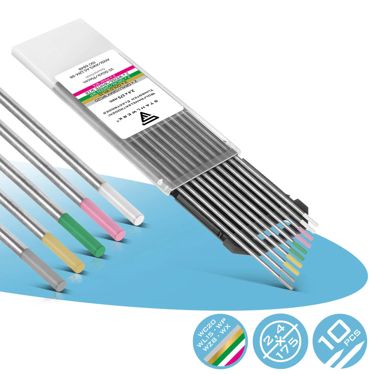 STAHLWERK Wolframelektroden / Schweißelektroden Gold, Grau, Pink, Weiß, Grün 2,4 mm je 2 im praktischen 10er Set