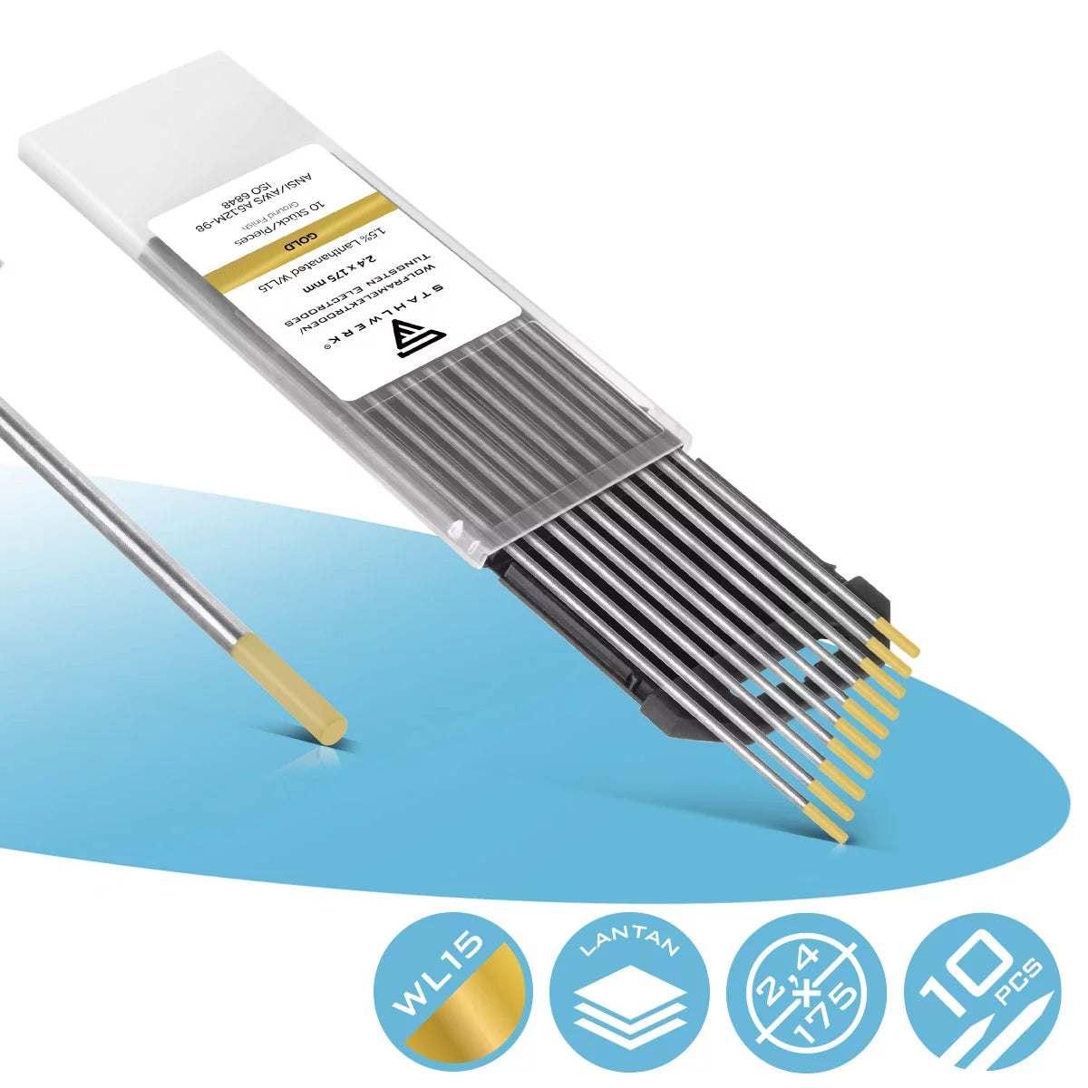 STAHLWERK Wolframelektroden / Schweißelektroden 2,4 x 175 mm WL15 gold im praktischen 10er Set