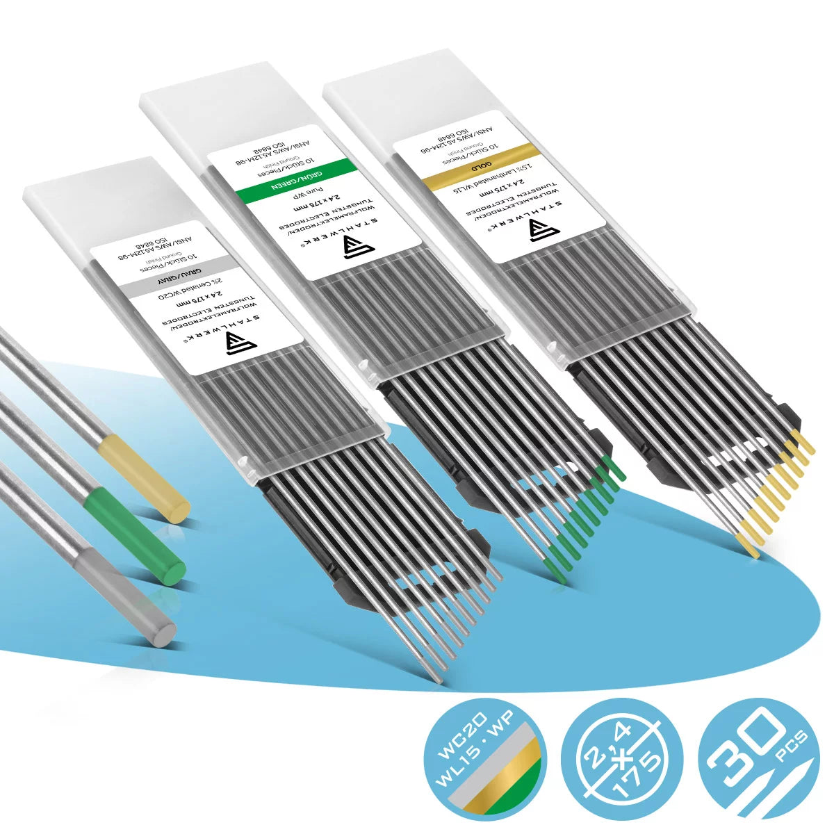 Steelwork tungsten electrodes / welding electrodes in the practical set gray, green, gold 2.4 mm per 10 pc.
