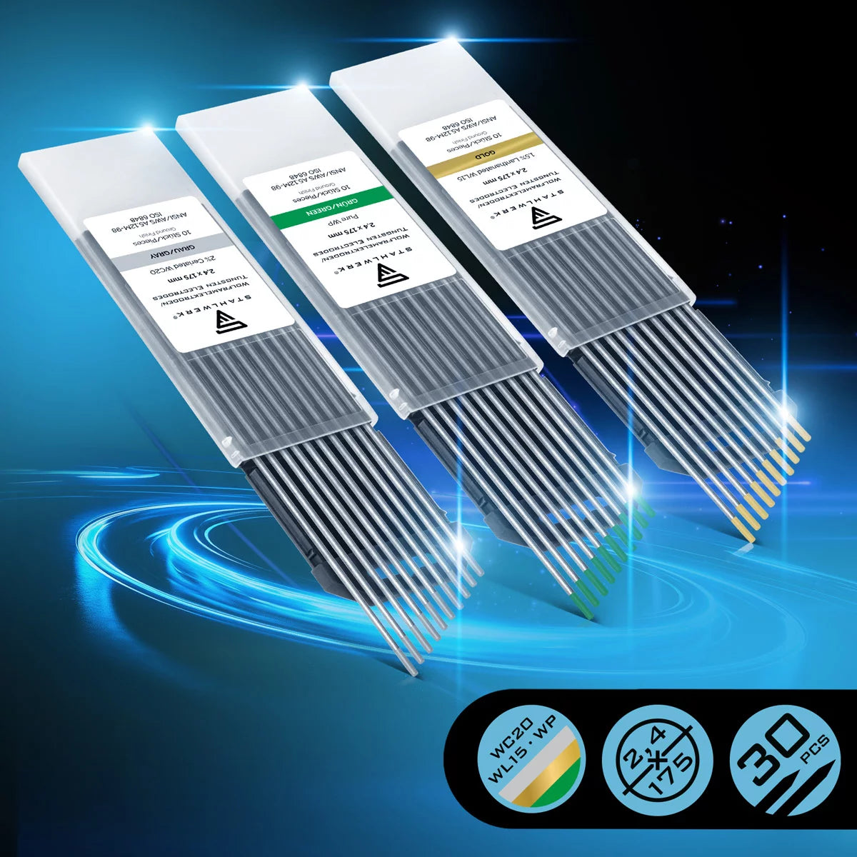 Steelwork tungsten electrodes / welding electrodes in the practical set gray, green, gold 2.4 mm per 10 pc.