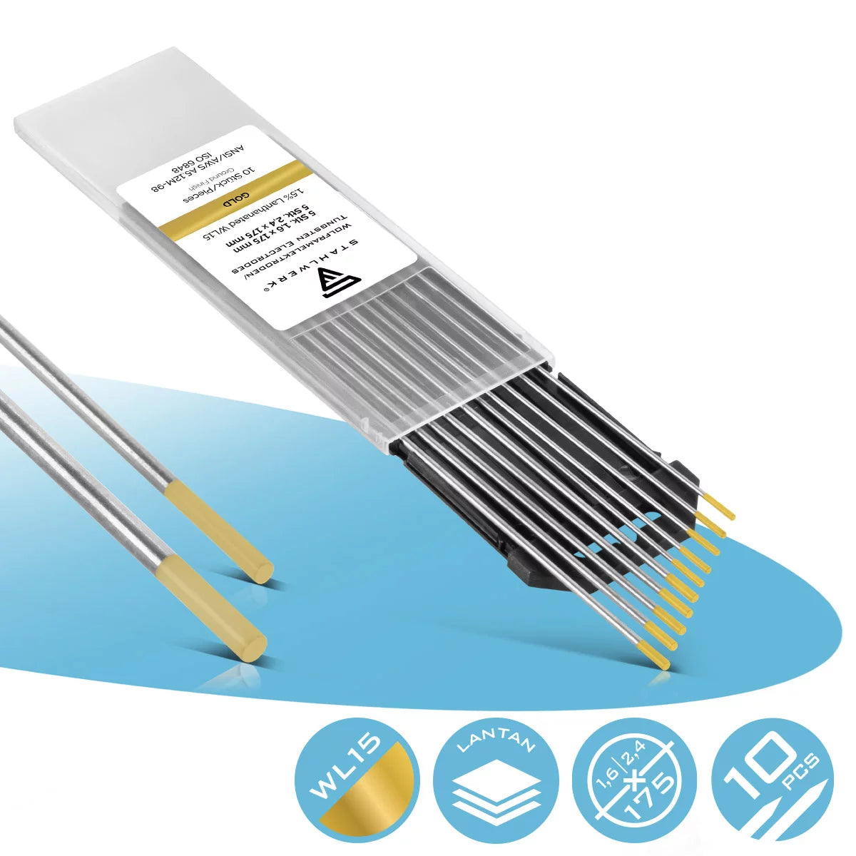 Steelwork tungsten electrodes / welding electrodes WL15 gold in the practical set 5 x 1.6 mm + 5 x 2.4 mm