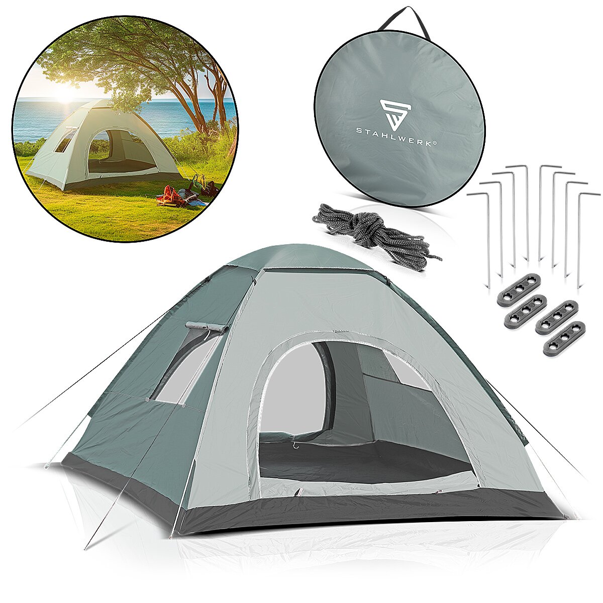 Tent de camping Stahlwerk Z-200 ST 200 x 200 cm Tent pop-up auto-construit | Tent Wurf | Igluzelt | Tente pliante | Tent à dôme | Tente de randonnée | Tente pour 2-3 personnes, y compris le sac de transport