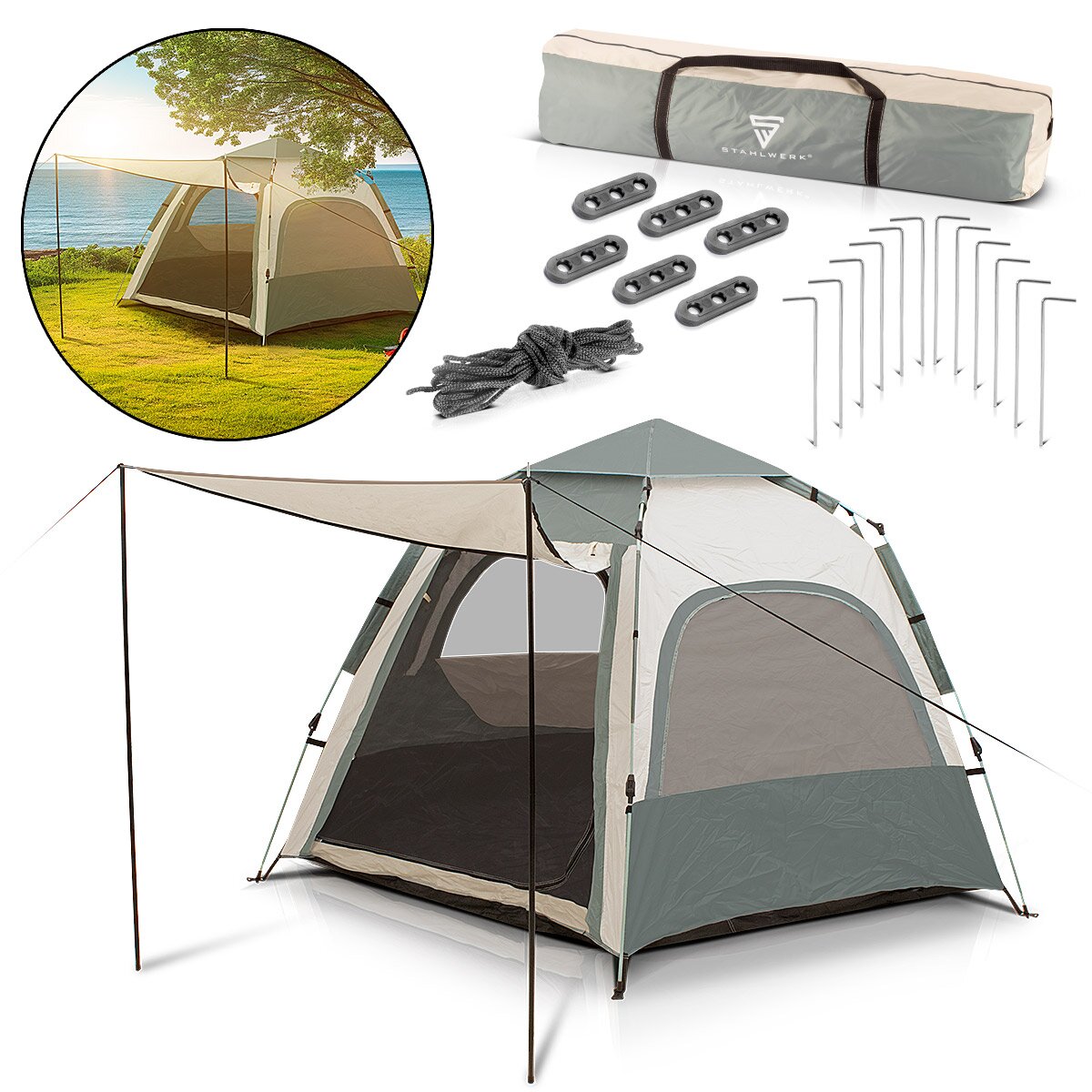 Tienda de campamento Steelworks Z-273 ST 273 x 273 CM Tienda emergente auto-construcción | Carpa wurf | Igluzelt | Carpa plegable | Carpa domo | Carpa de trekking | Tienda para 3-4 personas, incluida la bolsa de transporte