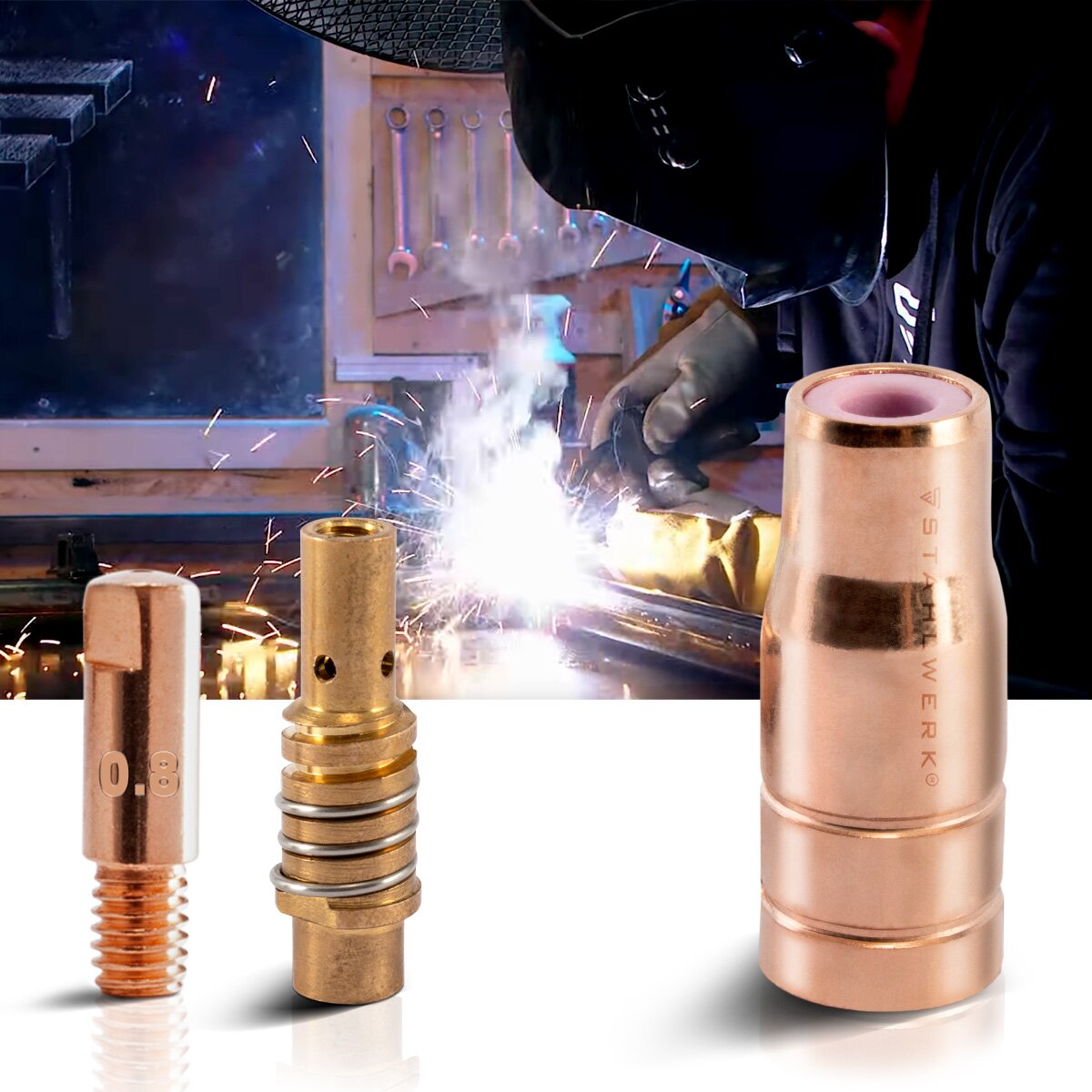 FLUX AK15 / MB15 AK14 / MB14 PARTES PARTICS SECT | Accessoires de soudage originaux de 23 parties avec buses de fil de remplissage | Bulles de buse et buses de puissance 0,8 mm