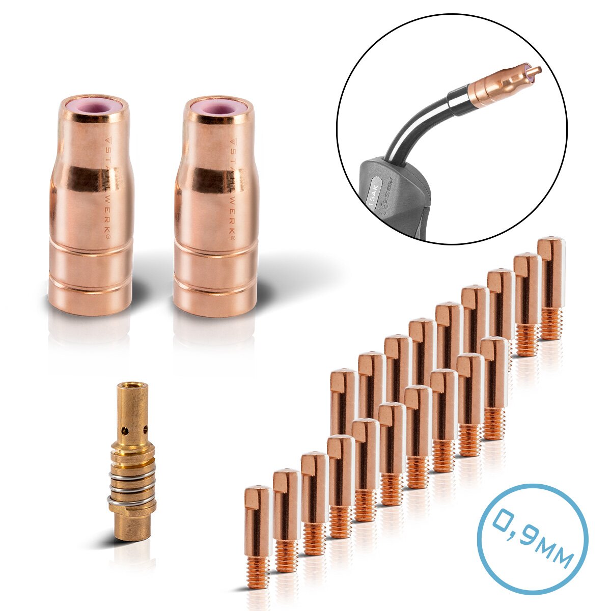 STAHLWERK FLUX AK15/MB15 AK14/MB14 Verschleißteile Set | 23-teiliges Original Schweißzubehör Set mit Fülldrahtdüsen | Düsenträger und Stromdüsen 0,9 mm