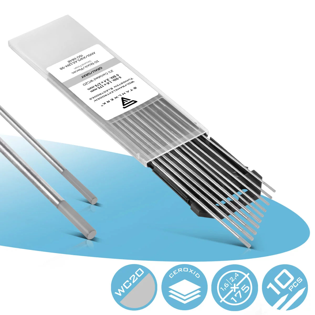 Steelworks tungsten electrodes / welding electrodes toilet WC20 gray in the set -5 x 1.6 mm + 5 x 2.4 mm