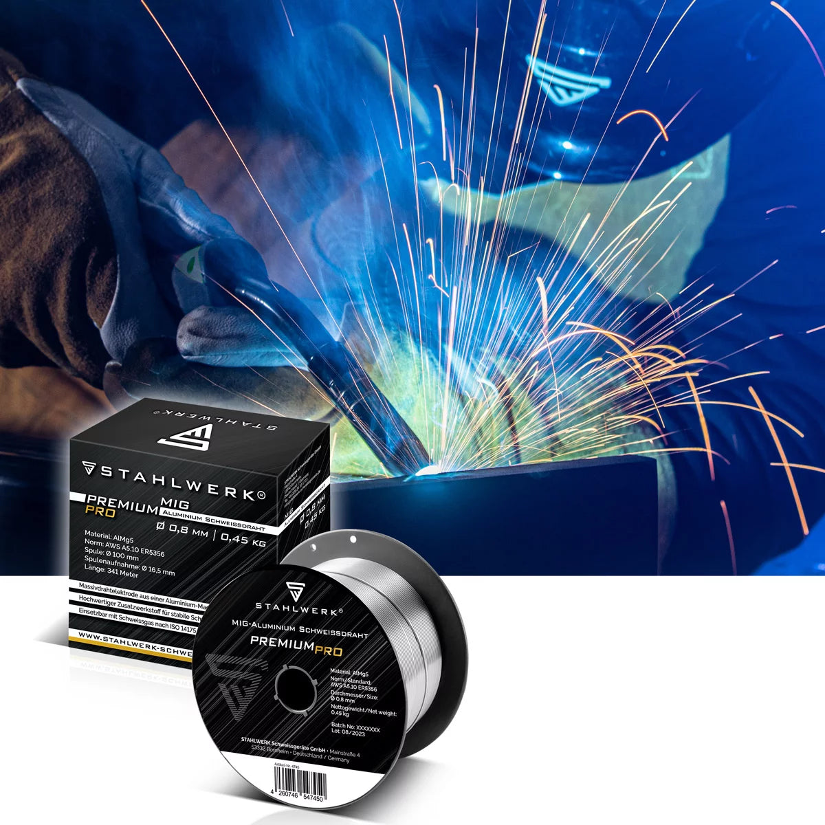Molino de acero 3 x MIG MAG ALUMINUM ALUMINUM ALIMENTO ER5356 (ALMG5) 0.8 mm 0.45 kg Rollo de alambre | Bobina de alambre | Material adicional | Alambre de sudor universal | Electrodo de alambre sólido