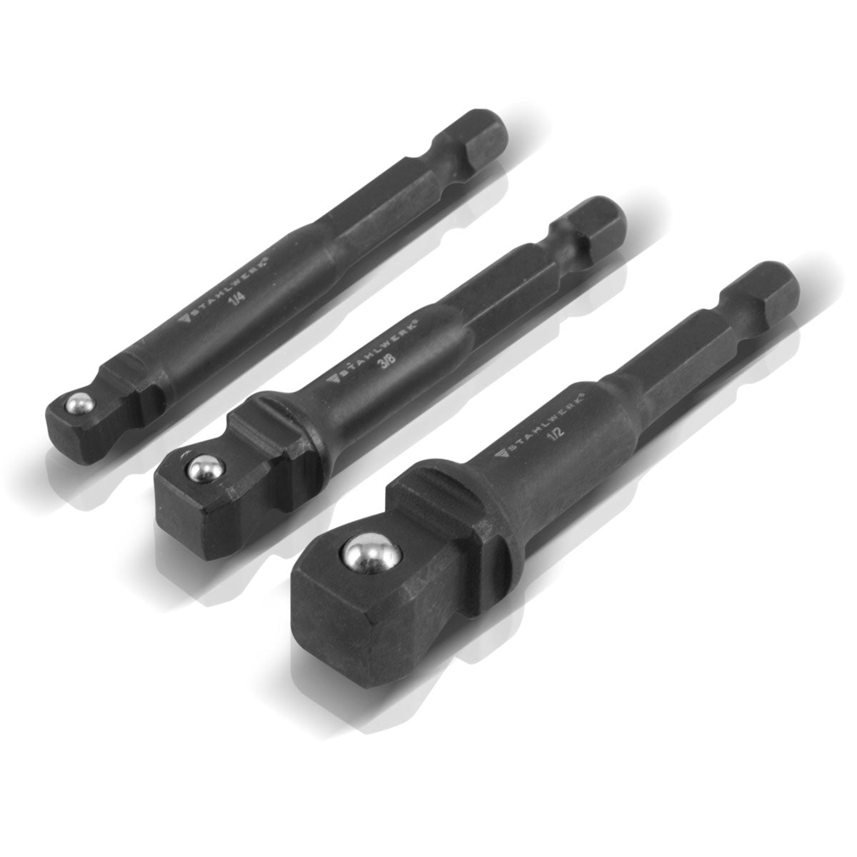 STAHLWERK 3-teiliges Steckschlüssel-Adapter-Set aus Chrom-Molybdän mit Kugel-Arretierung geeignet für Akku-Schrauber und Bohrmaschinen