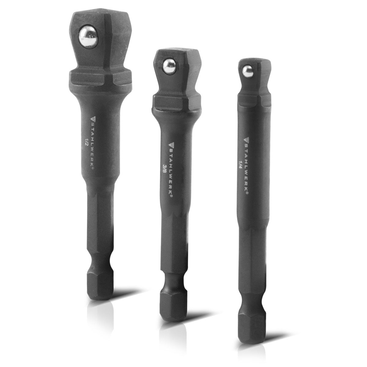 STAHLWERK 3-teiliges Steckschlüssel-Adapter-Set aus Chrom-Molybdän mit Kugel-Arretierung geeignet für Akku-Schrauber und Bohrmaschinen