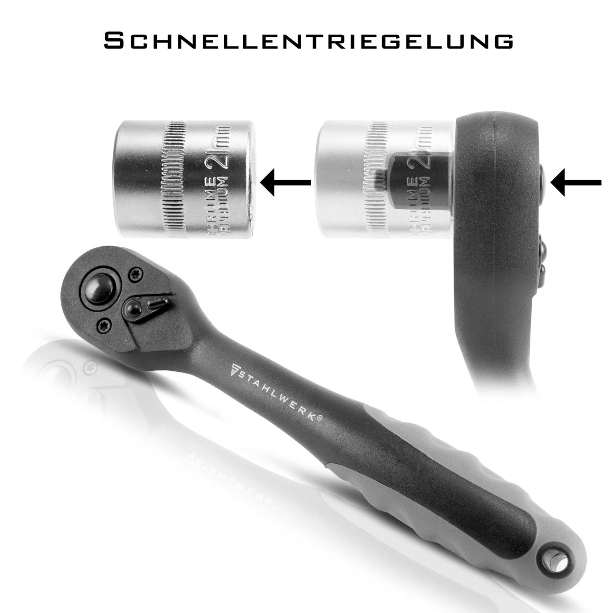 STAHLWERK 3/8 Zoll Profi-Umschaltknarre Chrom-Vanadium-Stahl mit Werkzeugaufnahme aus Chrom-Molybdän und Schnellentriegelung 72 Zähne - 7 Jahre Garantie