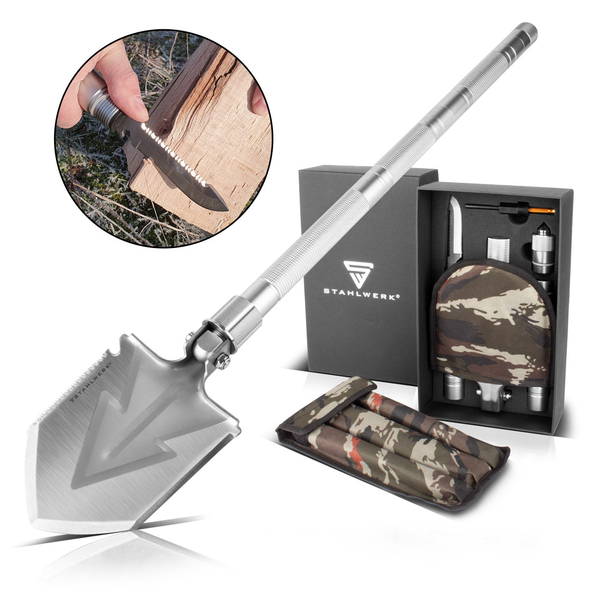 STAHLWERK Multitool / Multifunktionswerkzeug / Outdoor Survival Kit mit Klappspaten, Multifunktions-Messer, Säge, Notfallhammer und Signalpfeife mit Feuerstahl