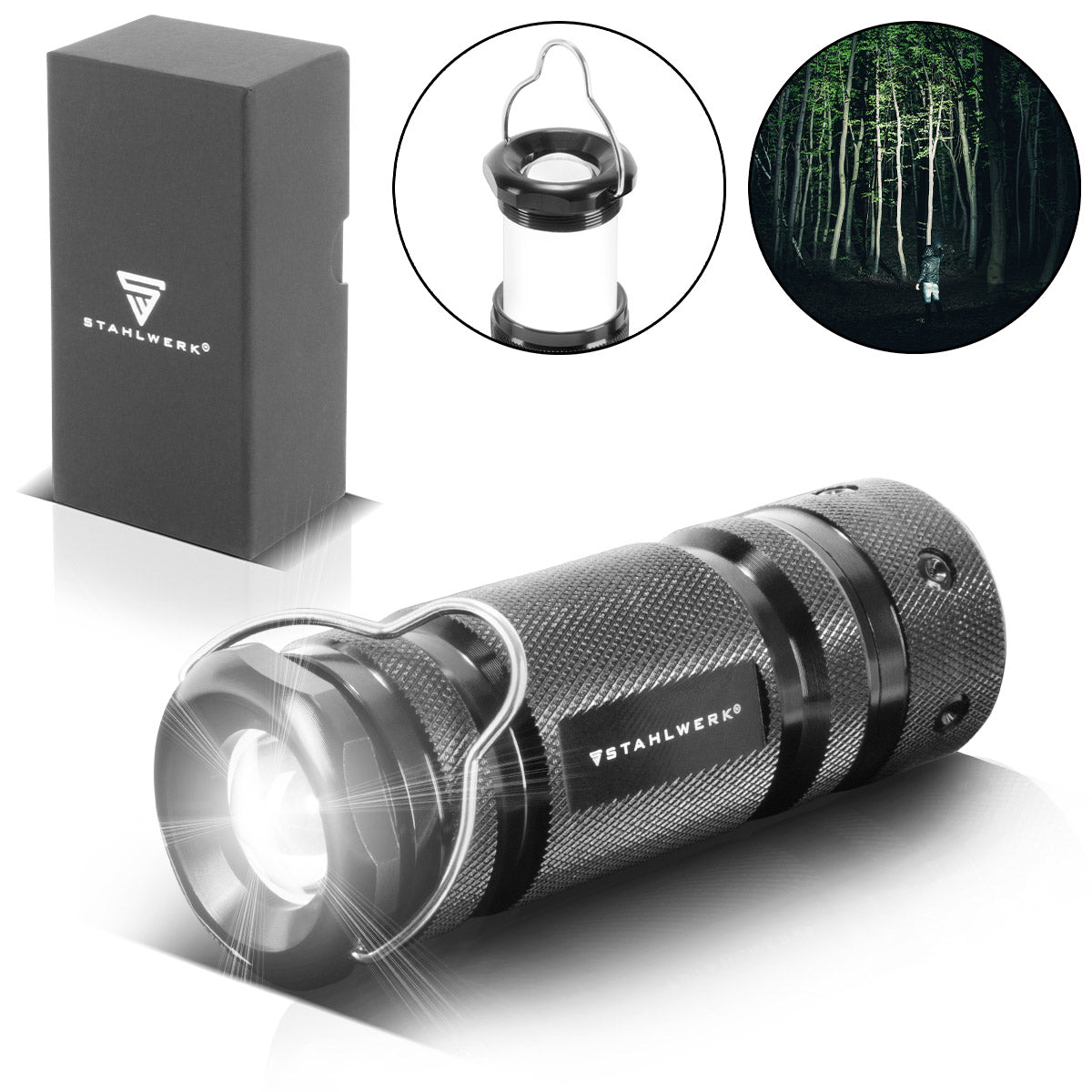 Linterna LED de acero con 6 modos, luz de tableta telescópica extensible de 360 ​​° luz / luz LED / luz LED / lámpara LED / linterna LED con carcasa de aluminio de alta calidad